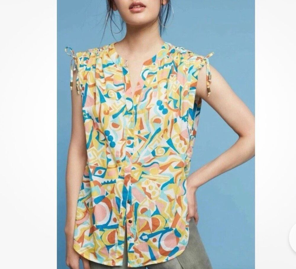 Anthropologie Danielle Kroll Brooklynite Blouse Medium Yellow Abstract Print Top
